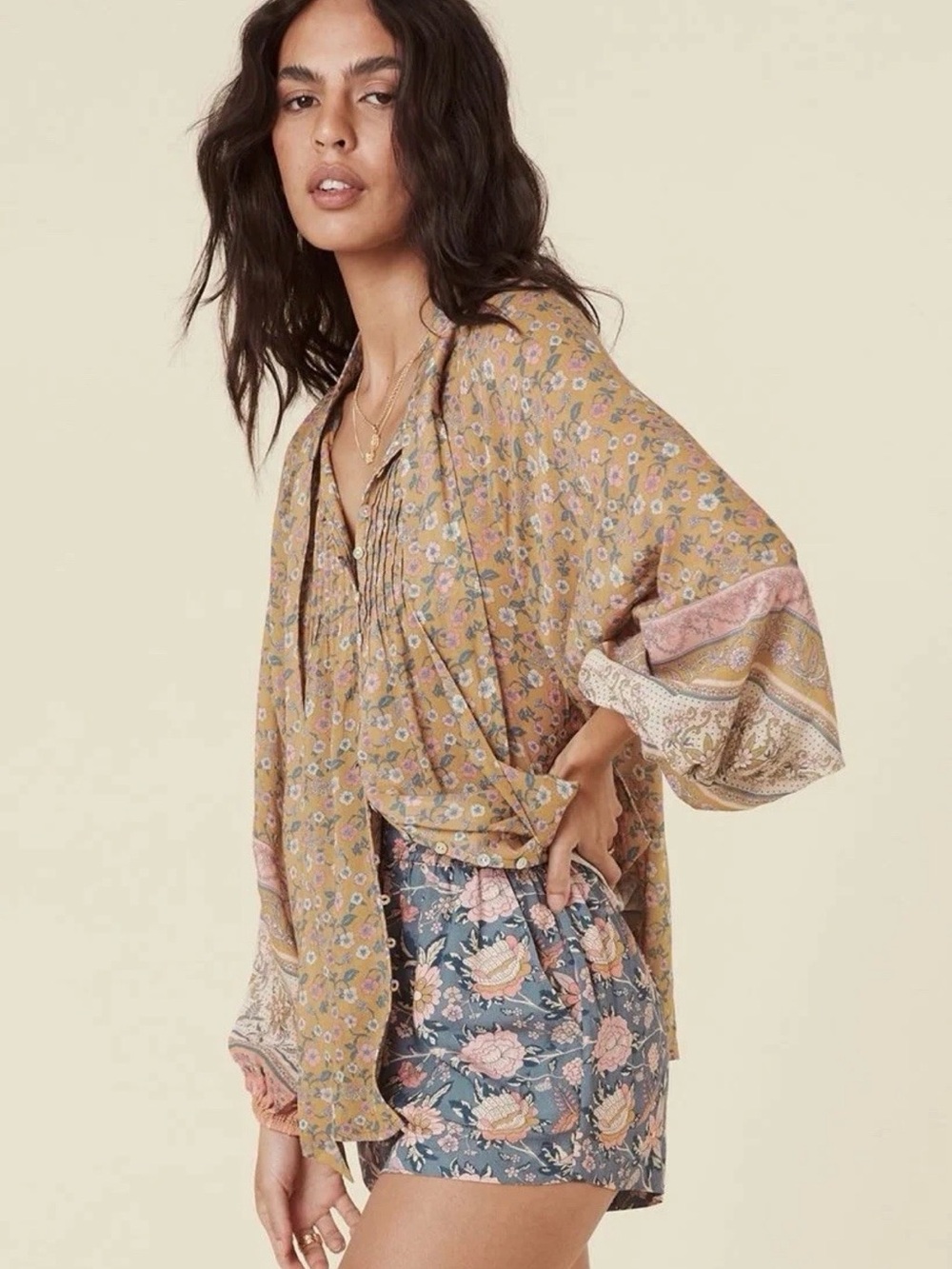 Spell Mustard Floral Peasant Blouse with Pink Accents